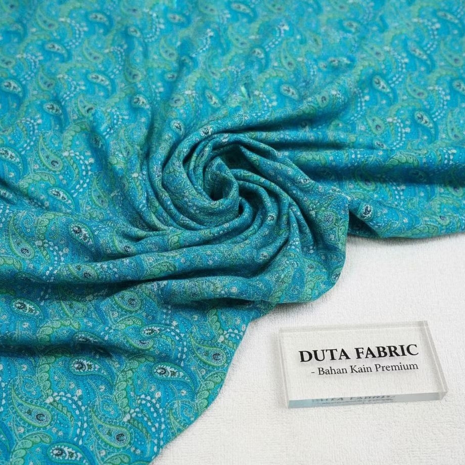 Kain Rayon Viscose Motif Paisley Biru Tosca Hijau | Bahan Meteran Adem Jatuh Dingin | Cocok untuk Da