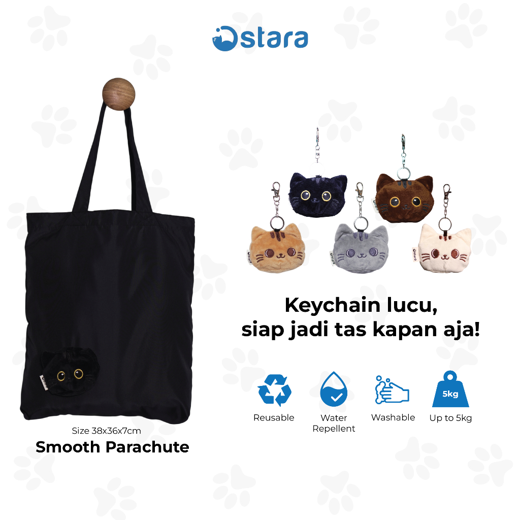 Ostara - Keychain Tas Lipat Lucu Karakter Kucing Tote Bag Parasut Foldable Bag Travel Shopping