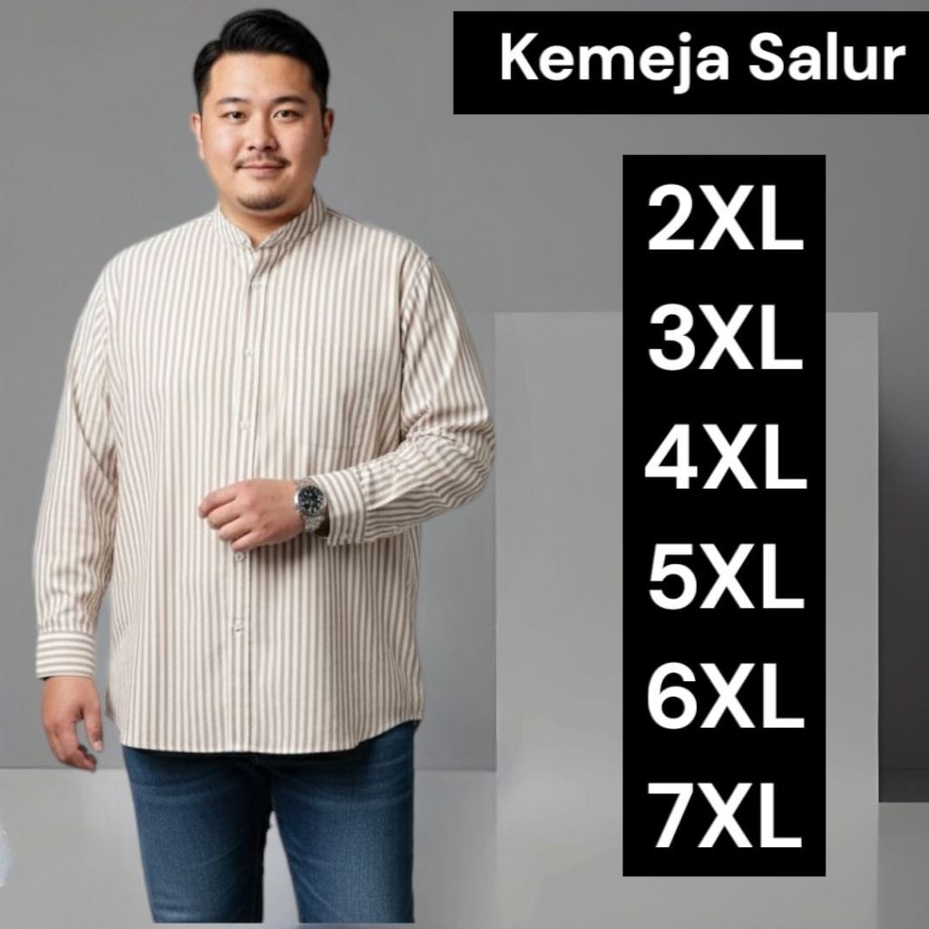 Kemeja Salur Lengan Panjang Pria Jumbo Big Size Premium Hem Salur Garis Garis Terbaru