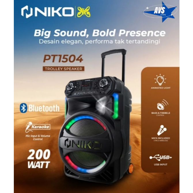 NIKO SPEAKER PORTABLE TROLI BLUETOOTH 15" PT 1504 KARAOKE 2 MIC