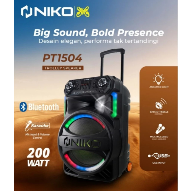 NIKO SPEAKER PORTABLE TROLI BLUETOOTH 15" PT 1504 KARAOKE 2 MIC