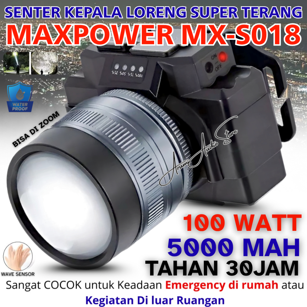 Senter Kepala Zoom 100w Maxpower Mx-S018 Cahaya Putih Super Terang Fitur Power Bank Bisa Cas Hp | Se