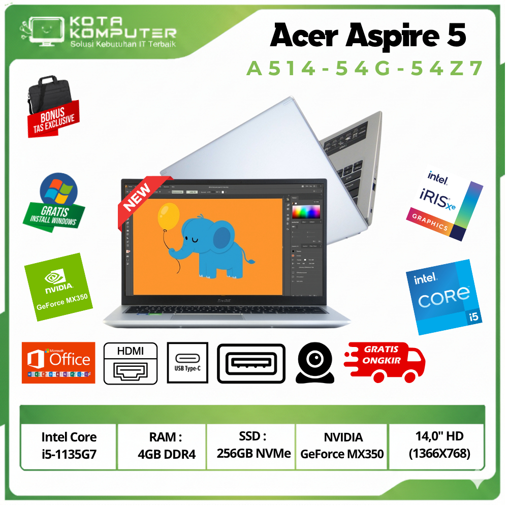 Acer CORE I5+ VGA Aspire 5 A514-54G-54Z7 i5 Gen11 Ram 4GB SSD 256GB NVIDIA MX350 2GB 14"