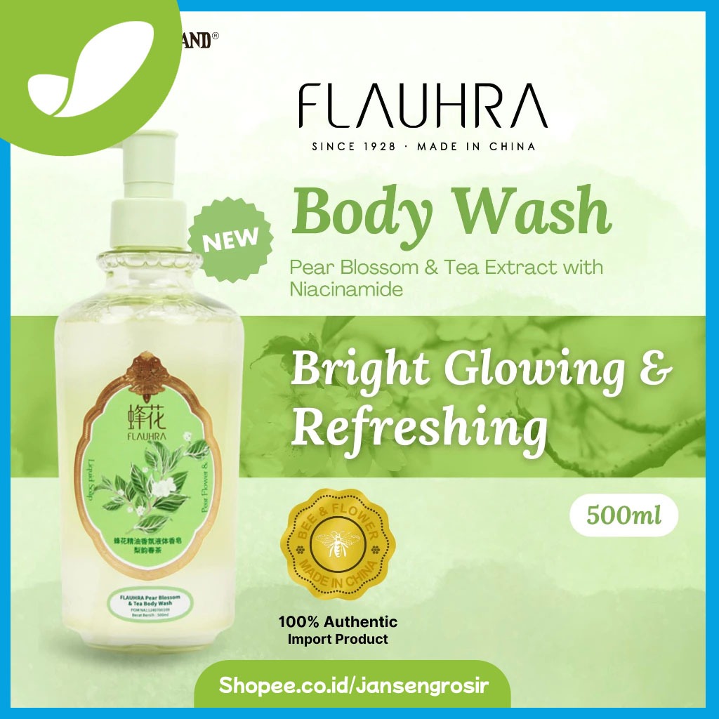 Flauhra Liquid Soap Pear Blossom Tea 500ml By Bee Flower - Sabun Cair Tawon Import Jasmine Tea - Teh