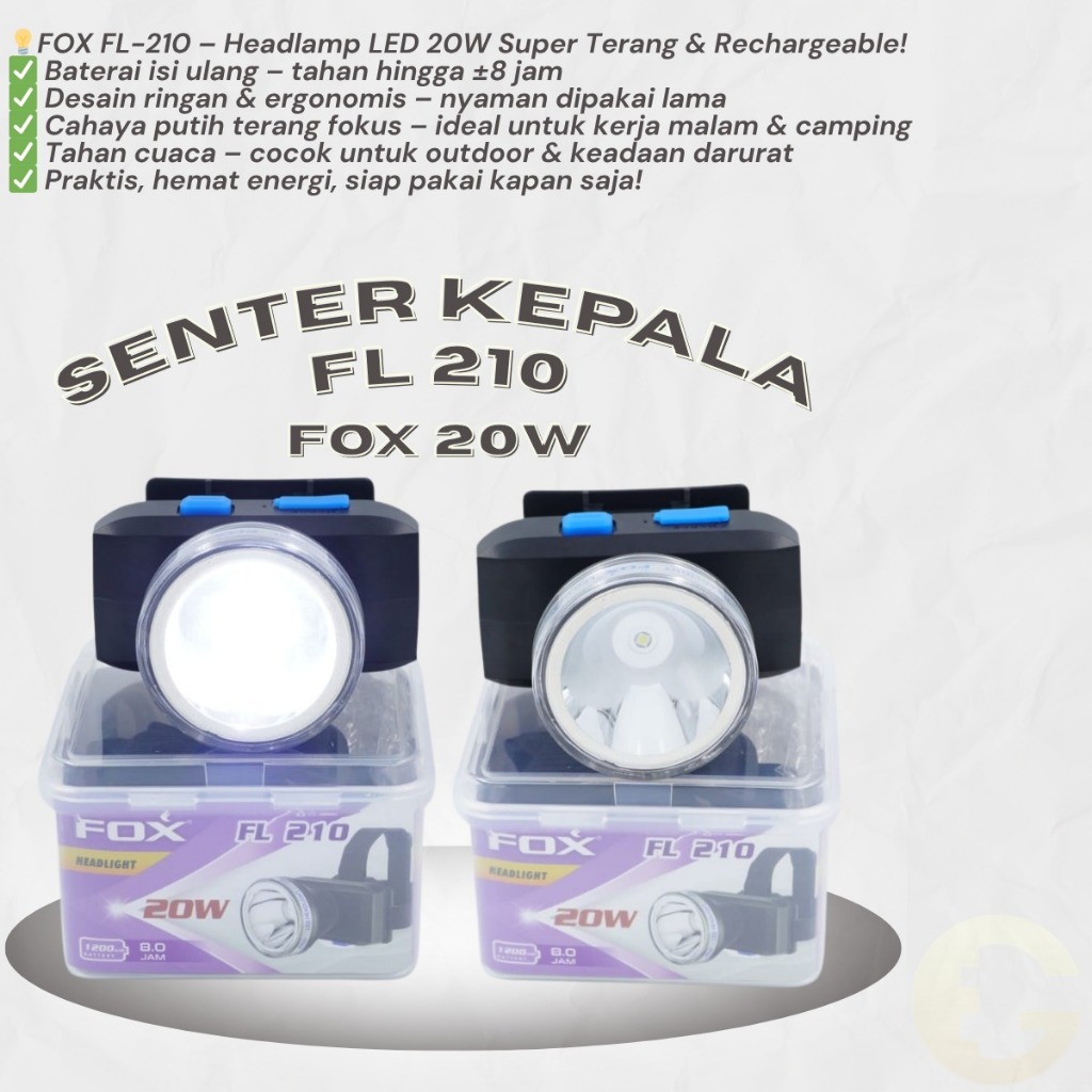 Senter Kepala LED FOX FL 210 – Headlamp Rechargeable 20W Super Terang Ringan & Cocok untuk Outdoor