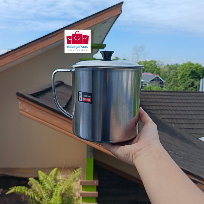 Mug Tutup Full Stainless Steel Jumbo 14 cm  FN Cangkir + Tutup Real Pict Tebal Anti Karat