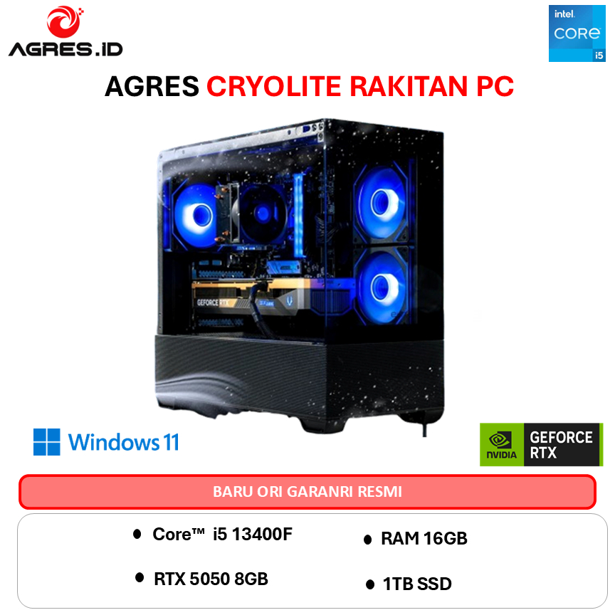 AGRES CRYOLITE PC I5 13400F RTX 5050 8G - RAM 16GB 1TB WIFI + BT RAKITAN PC GAMING