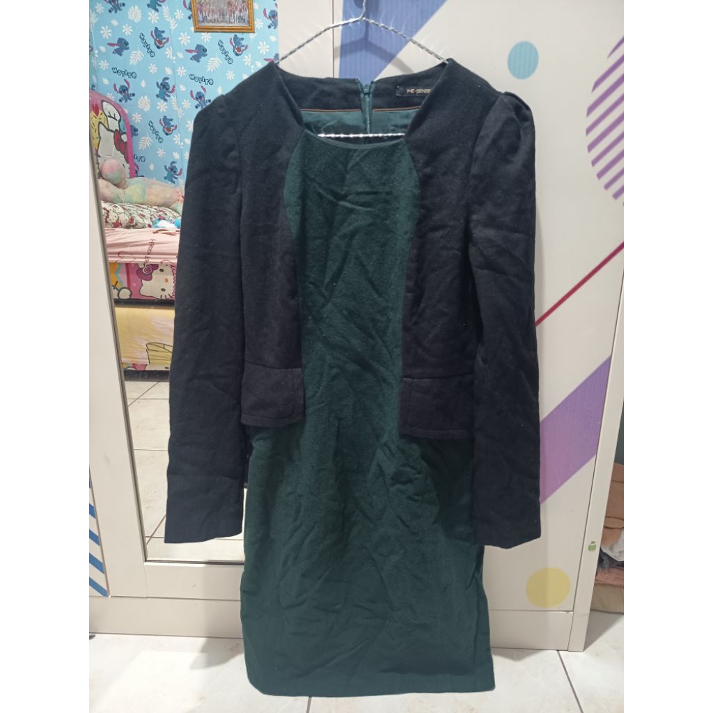 [Second] Dress Formal Wanita Kombinasi Hitam Hijau Lengan Panjang Model Blazer