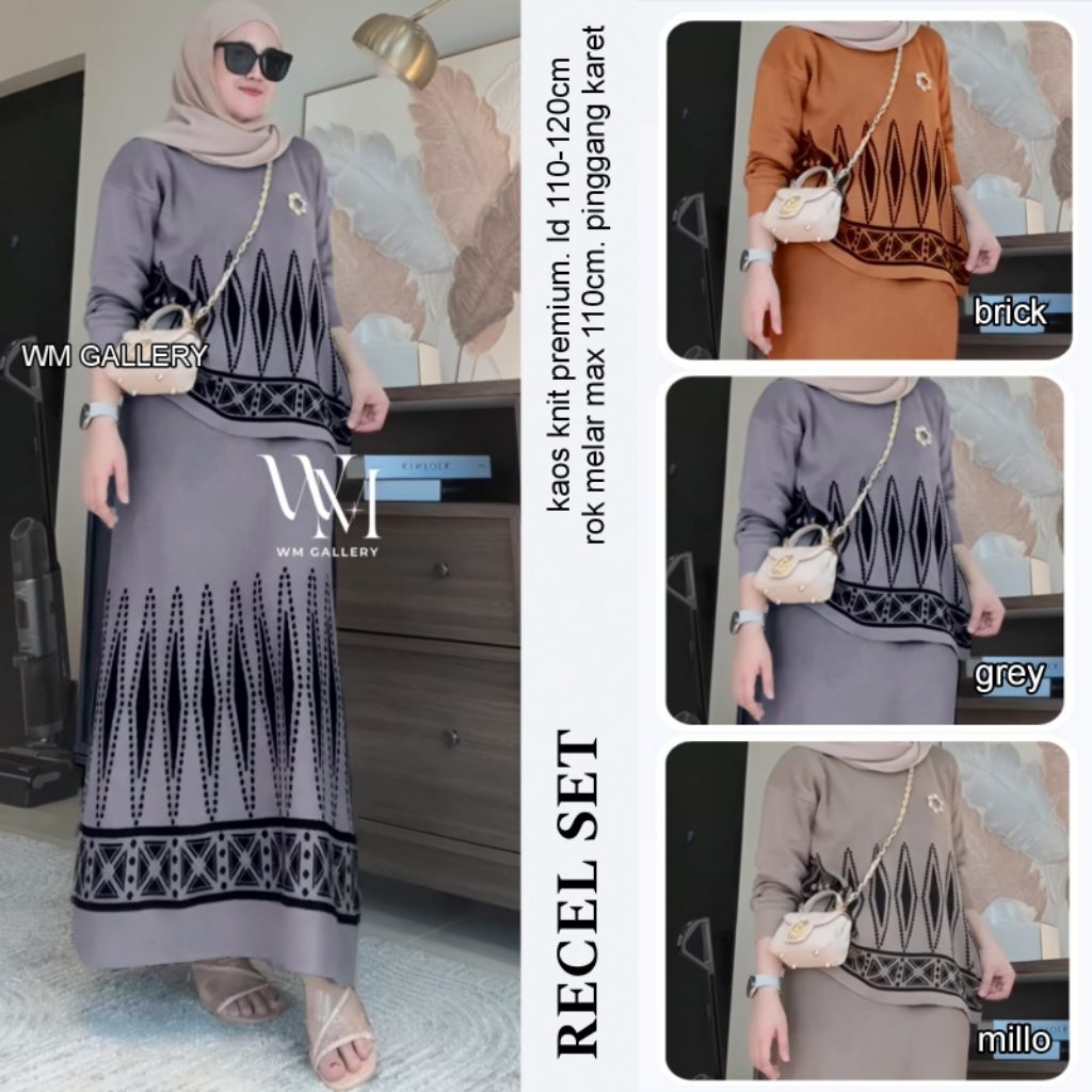Setelan wanita modis Recel set ori w&w clothing bahan kaos knit premium Ld110-120cm, rok pinggang ka