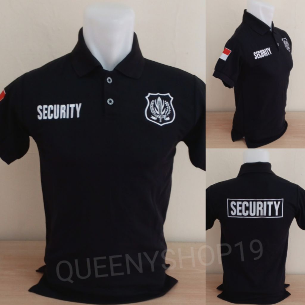 KAOS SECURITY HITAM LOGO PUTIH FULL BORDIR - KAOS KERAH SECURITY LOGO PUTIH LENGAN PENDEK BORDIR - K