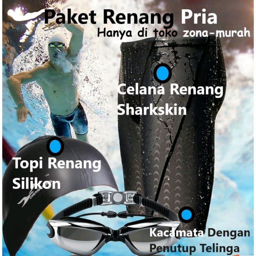 Paket Renang Topi Silikon Kacamata Penutup Telinga Celana Sharkskin