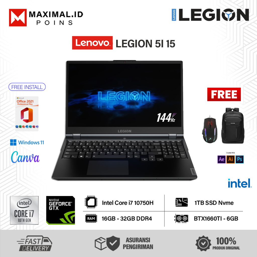 Laptop Gaming Lenovo LEGION 5i 15 Intel i7 10750H Nvidia GTX1660TI Ram 32GB 1TB 144Hz W11 FHD IPS