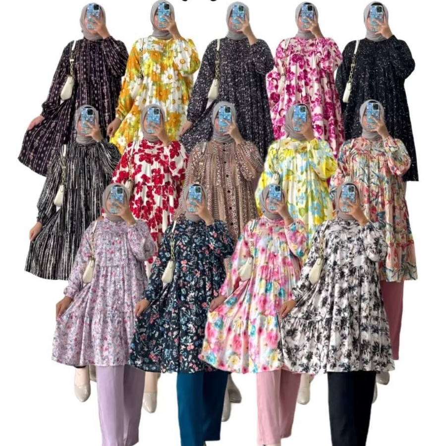 Set lolly tunik/ oneset tunik babydoll motif/ setcel tunik susun jumbo/ setelan baju muslim wanita/ 