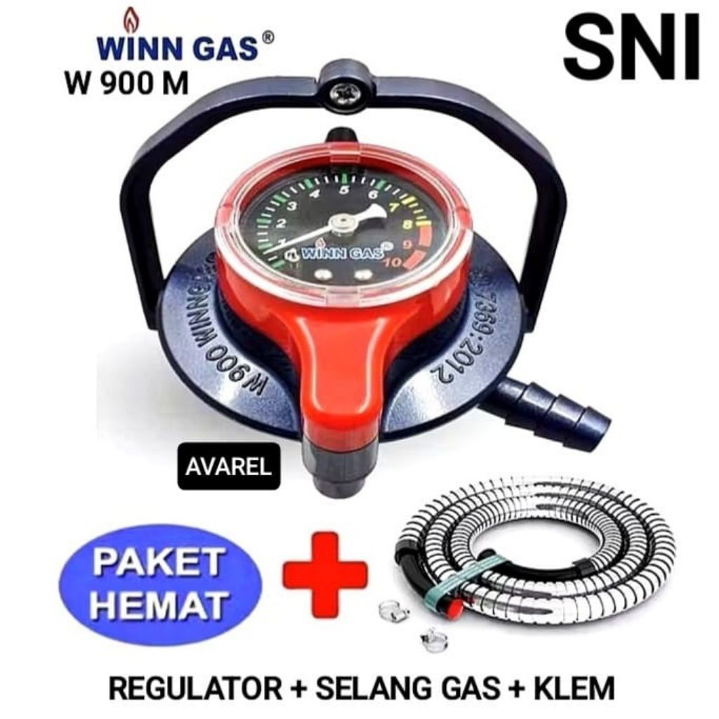 PAKET BER SNI  WIN GAS REGULATOR W 900 + SELANG GAS LPG SNI DOUBLE LOCK TEKANAN RENDAH W900M / W-900