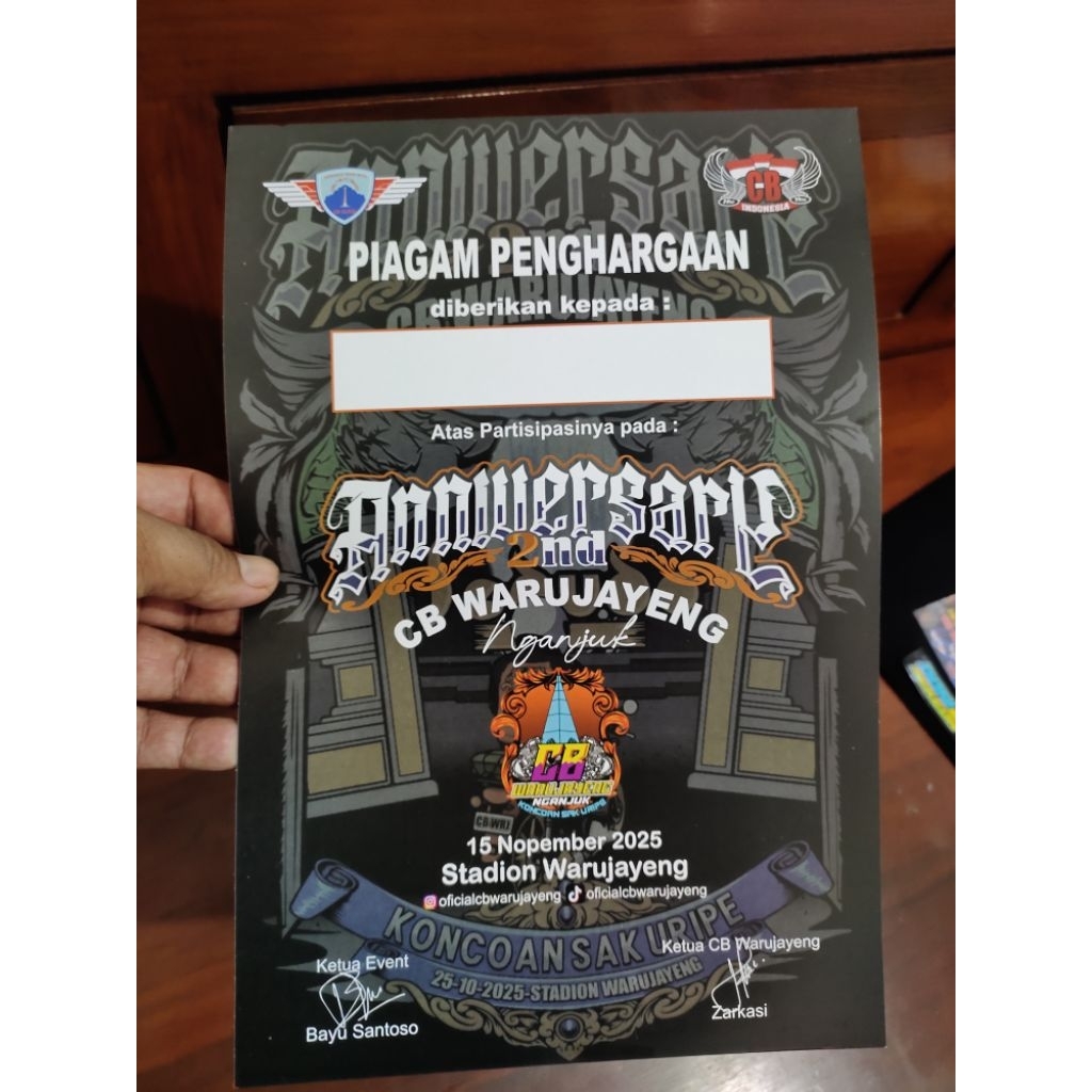 piagam sertifikat cb warujayeng anniversary 2