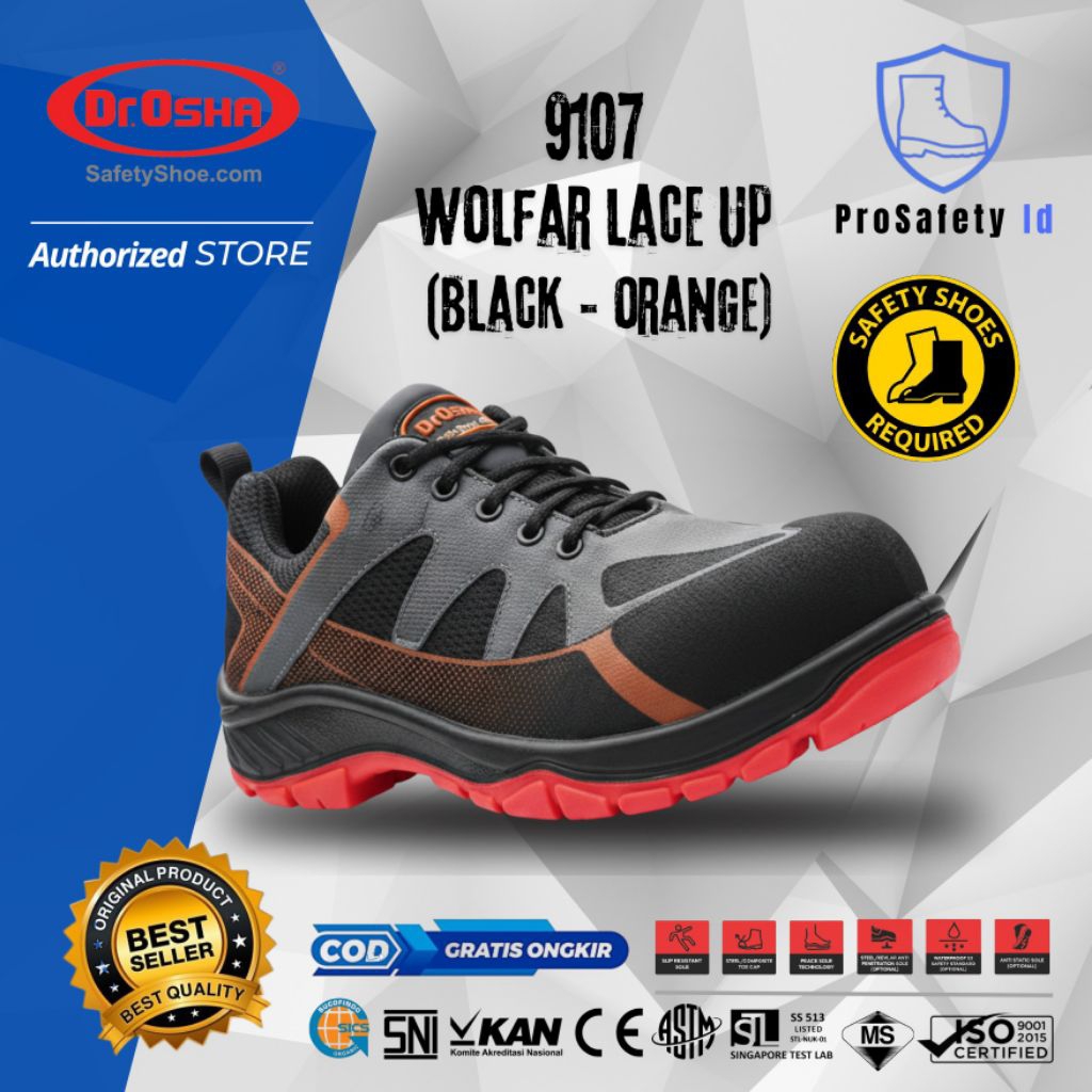 Sepatu Safety Dr OSHA Wolfar 9107 S1 Steel Safety Shoes - Black Orange