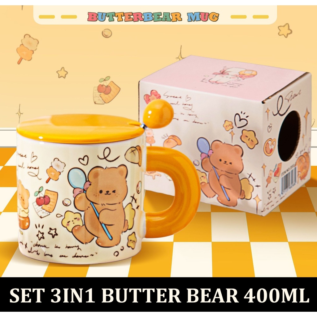 set 3in1 Gelas Mug Keramik Butter bear 400ml Penutup kaca sendok aduk Butterbear original import cup