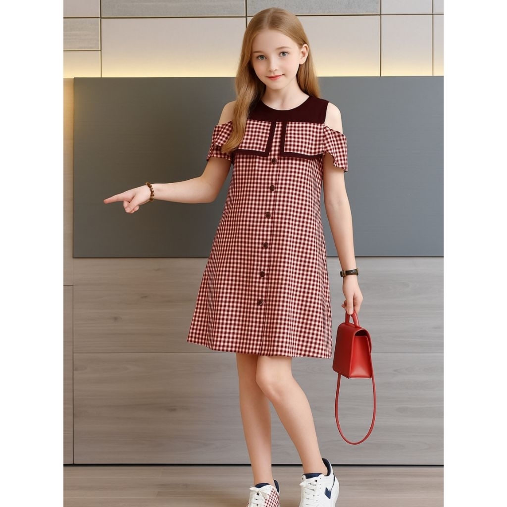 Dress Sabrina Anak Remaja Tanggung Motif Kotak Kotak Usia 12-17 Tahun Baju Anak Kasual Jalan Hn