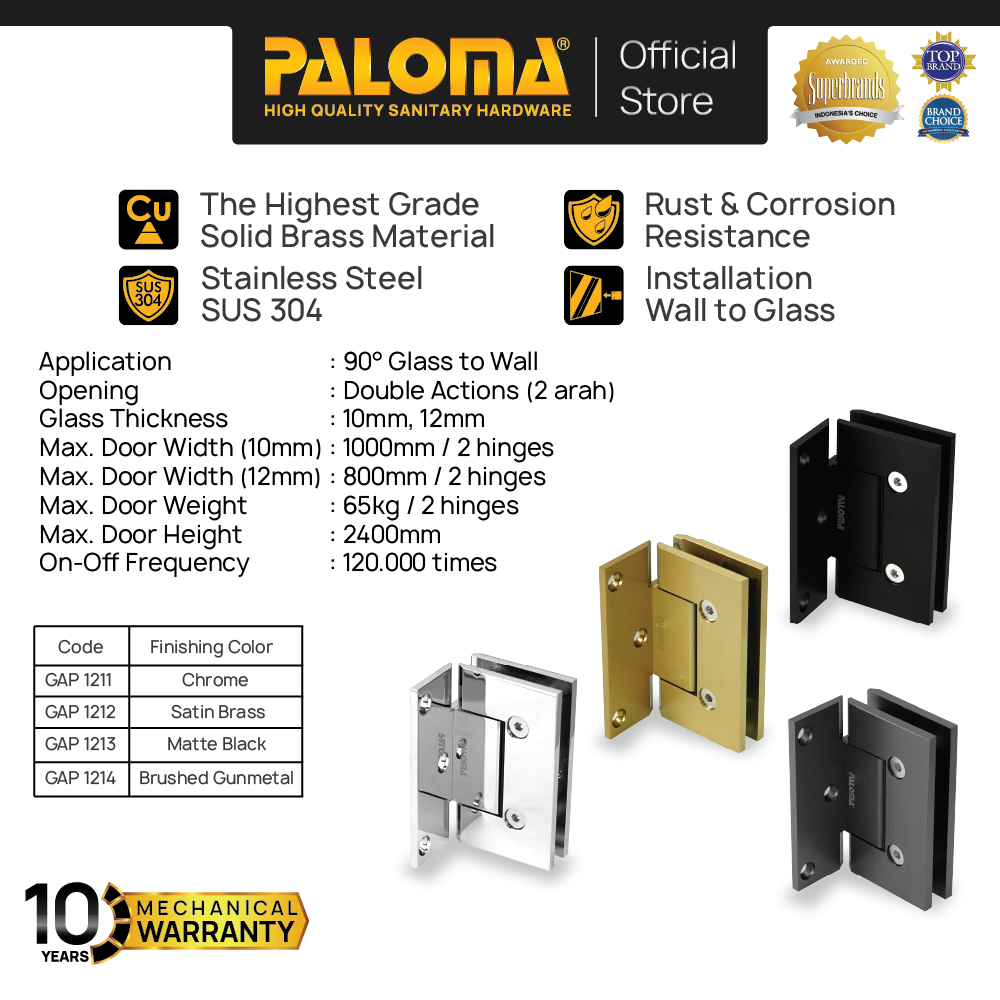 PALOMA Engsel Shower Hinge Pintu Kaca Kamar Mandi Jepit Penjepit Partisi Box Kaca ke Dinding Tembok 