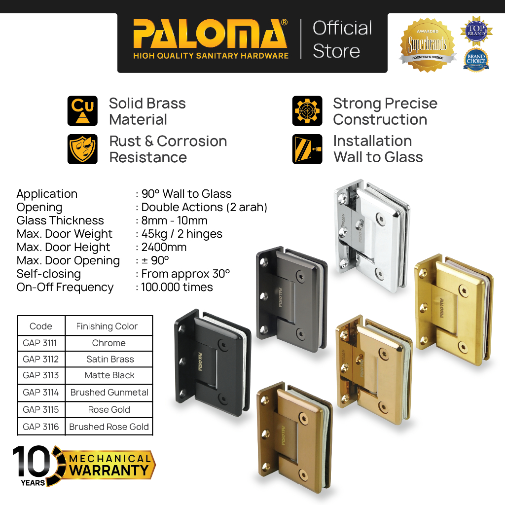 PALOMA Engsel Shower Hinge Pintu Kaca Kamar Mandi Jepit Penjepit Partisi Box Kaca ke Dinding Tembok 