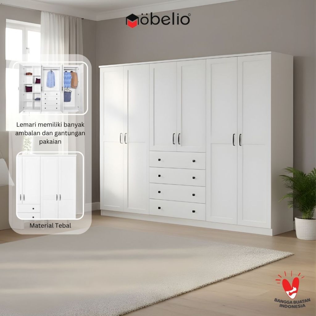 Mobelio - Lemari Pakaian Baju Gantung Gamis Hijab 4, 5 , 6 & 7 Pintu Tinggi Scandinavian Putih White