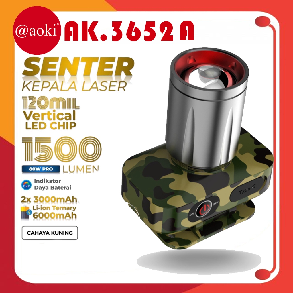 Senter Kepala LED Zoom Laser 80 Watt 1500 Lumen Aoki AK-3652A/AK-3652K