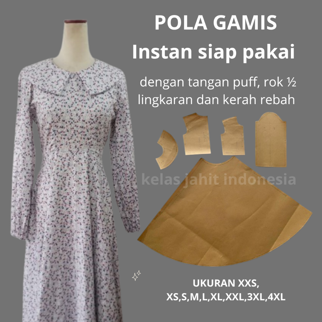 POLA GAMIS WANITA DENGAN DETAIL LENGAN PUFF, ROK 1 LINGKARAN, DAN KERAH REBAH