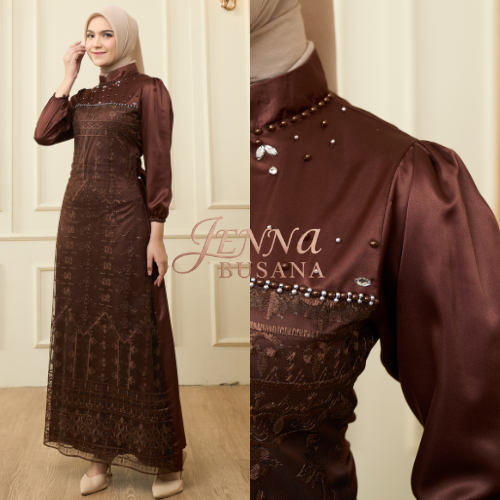 SPECIAL MAHOGANY - Manda Dress Satin Slik Brukat Mewah Gamis Satin Premium Payet Kondangan Lebaran 2