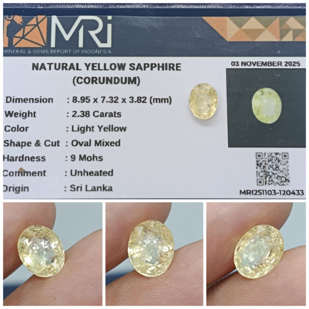 Natural Yellow sapphire Ceylon Top kristal 2,3ct memo MRI Safir Srilanka NoHeat
