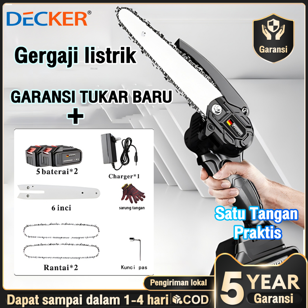 DECKER Gergaji Mesin Listrik 6 inci 2 Baterai Garansi Baru Motornya Tembaga, Bisa Potong Kayu 20cm