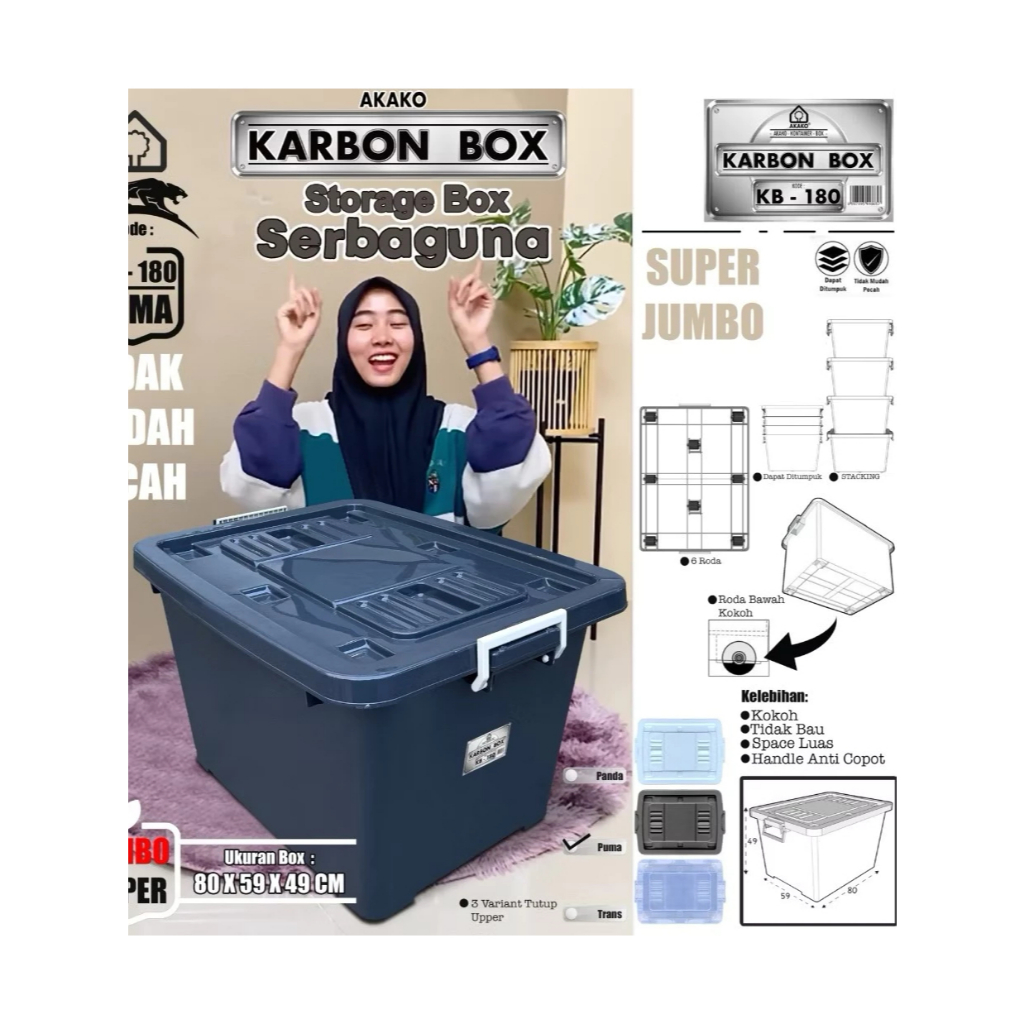 Kontainer Container Box Plastik KARBON PUMA HITAM JUMBO BESAR RODA