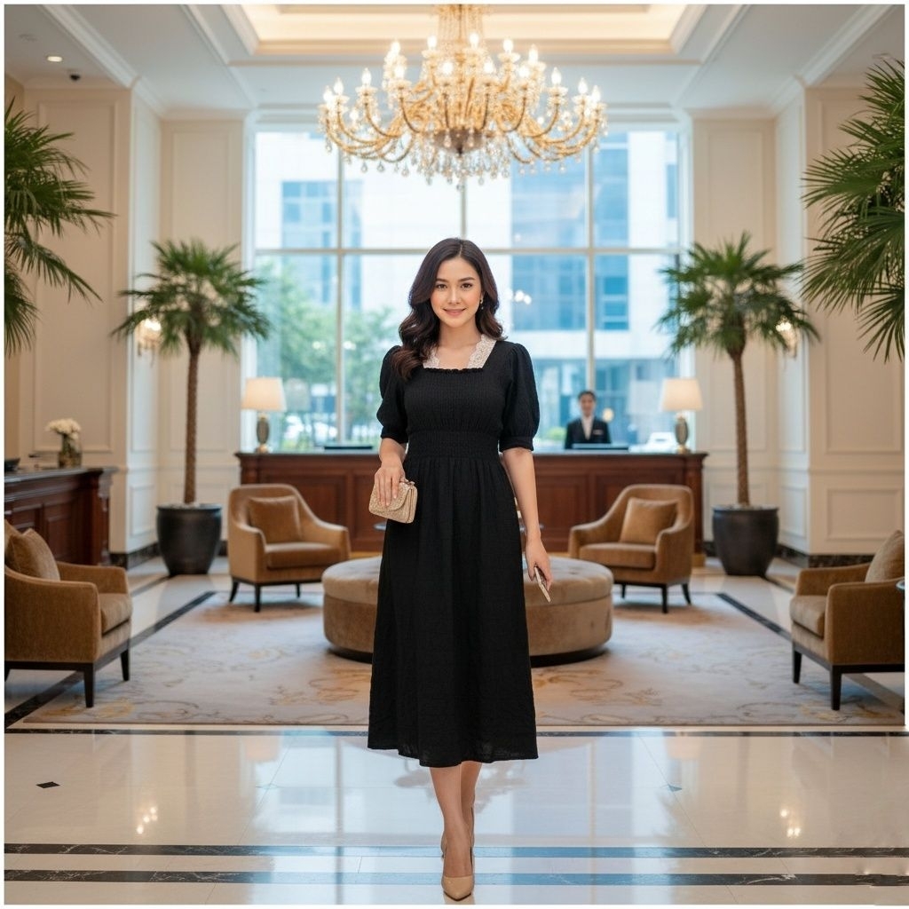 Deanna  Korean Midi ALine Dress Square Neck Puff Sleeve - Dress Lengan Balon Polos Warna Hitam Kombi