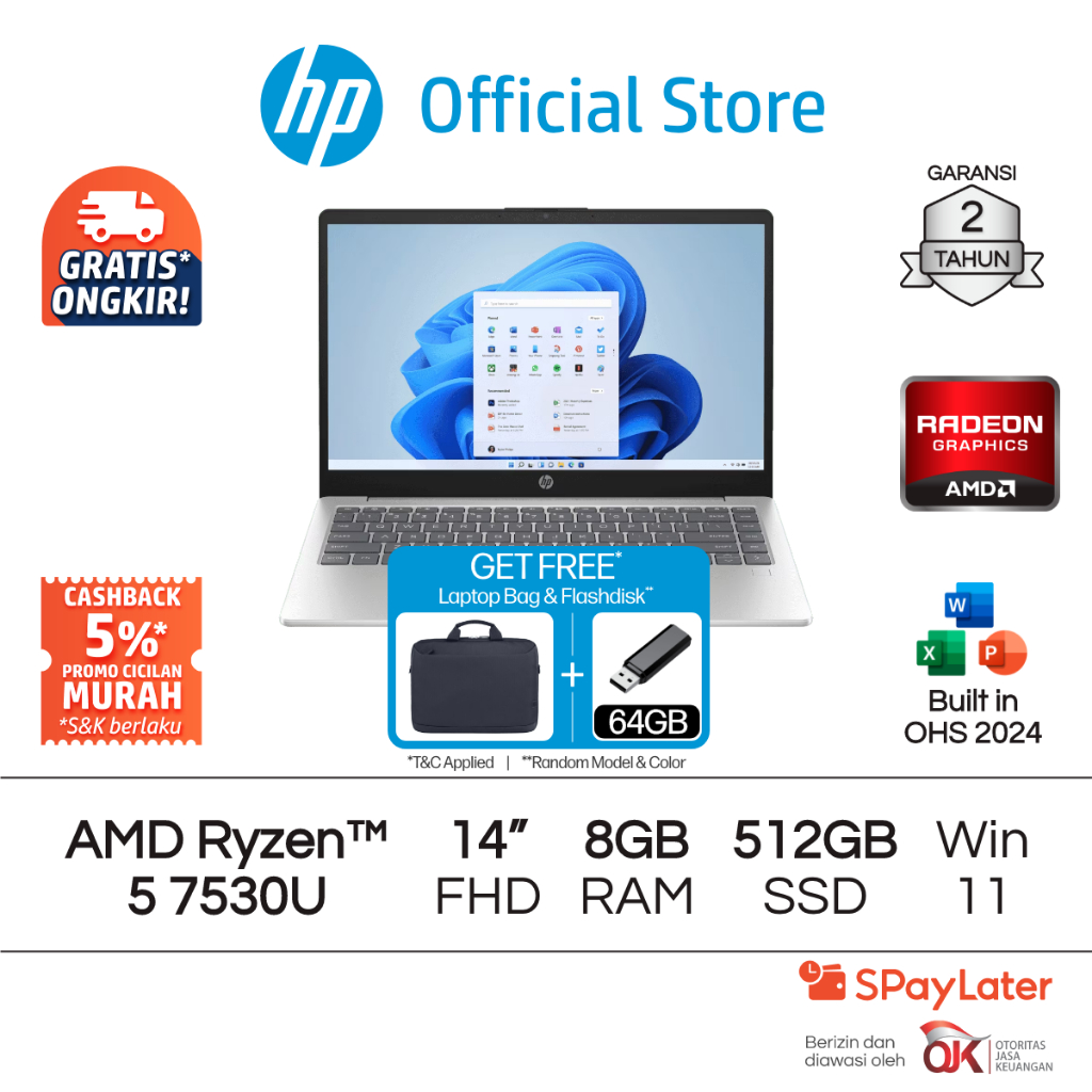 Laptop HP AMD Ryzen 5 Radeon 8GB RAM 512GB SSD Silver / Gold Windows 11 Home 14 Inch Garansi 2 Tahun