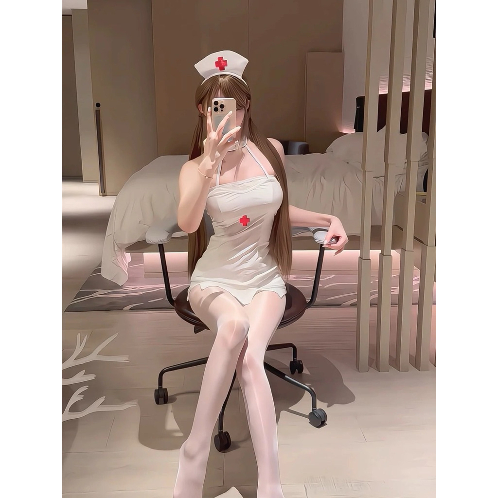 H 430 Kostum Nurse Suster Perawat Lingerie Seksi Cosplay Wanita Open Strings Back Bosslingeries Puti