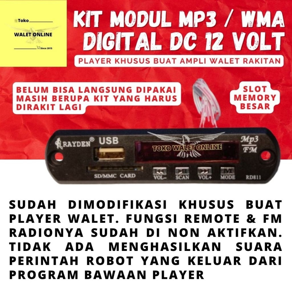 MODUL KIT MP3 PLAYER WALET KHUSUS AMPLI RAKITAN NO REMOT NO FM RADIO