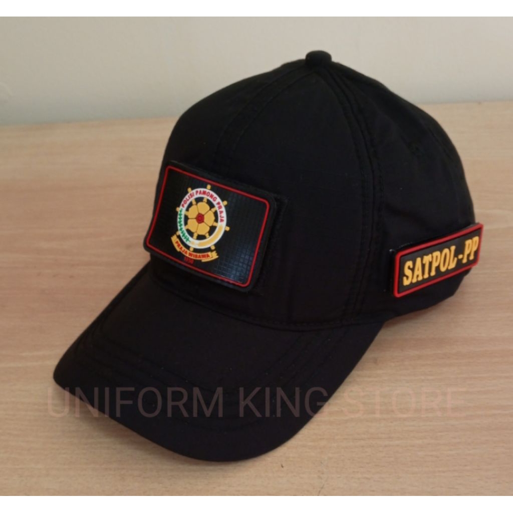 TOPI SATPOL PP HITAM 3 PATCH RUBBER - TOPI SATPOL PP HITAM TEMPELAN PEREKAT PATCH RUBBER