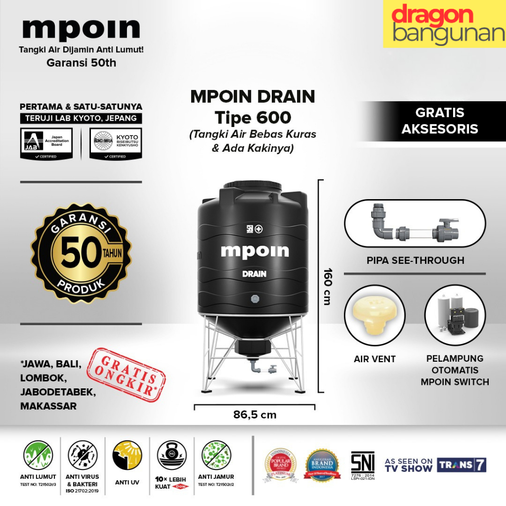 Tangki Air Mpoin Drain 600 - Toren Tandon Air Mpoin Garansi 50 Tahun