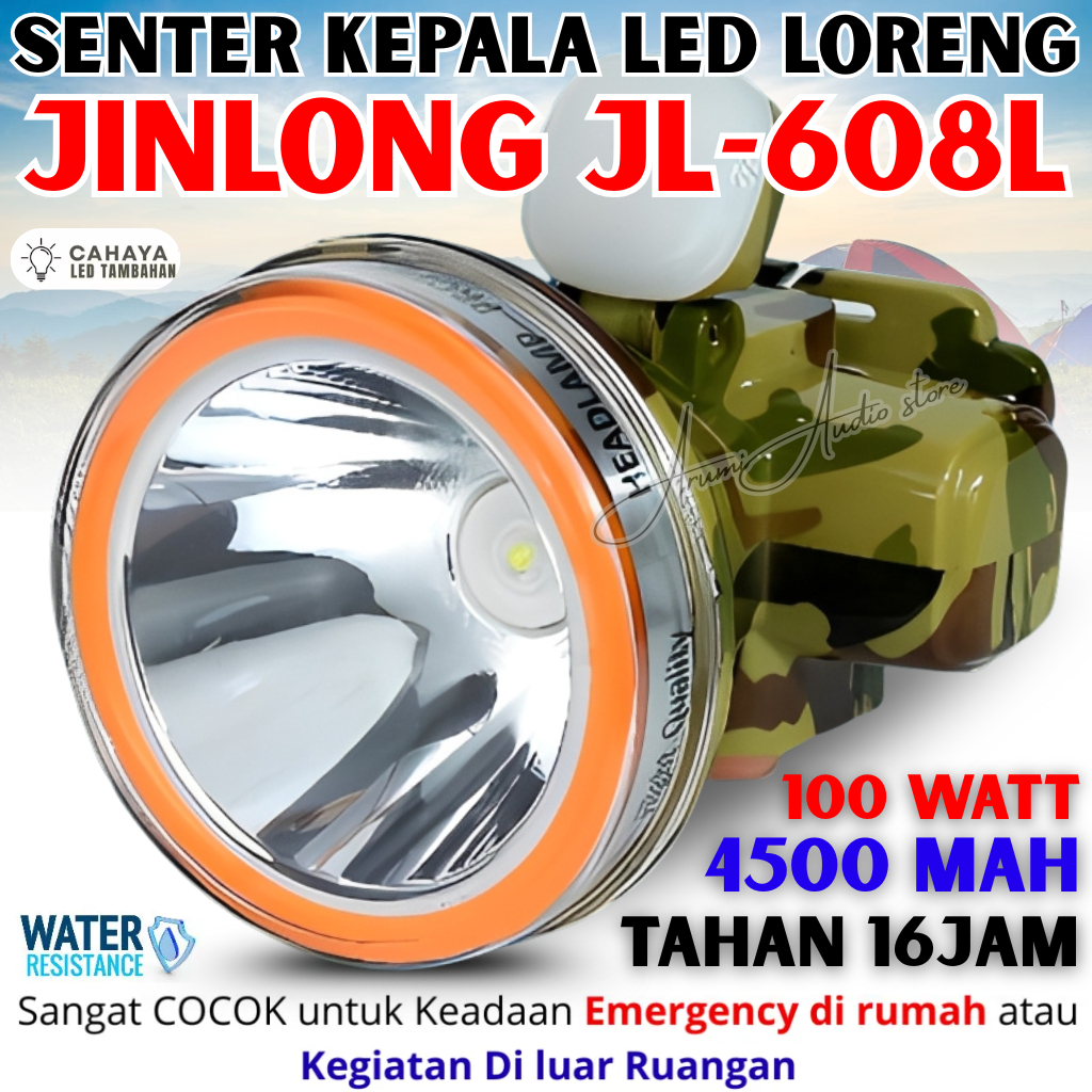 Senter Kepala  Headlamp Jinlong Jl 608l + Adaptor 100 Watt | Headlamp Usb Charging Tahan 16 Jam - He