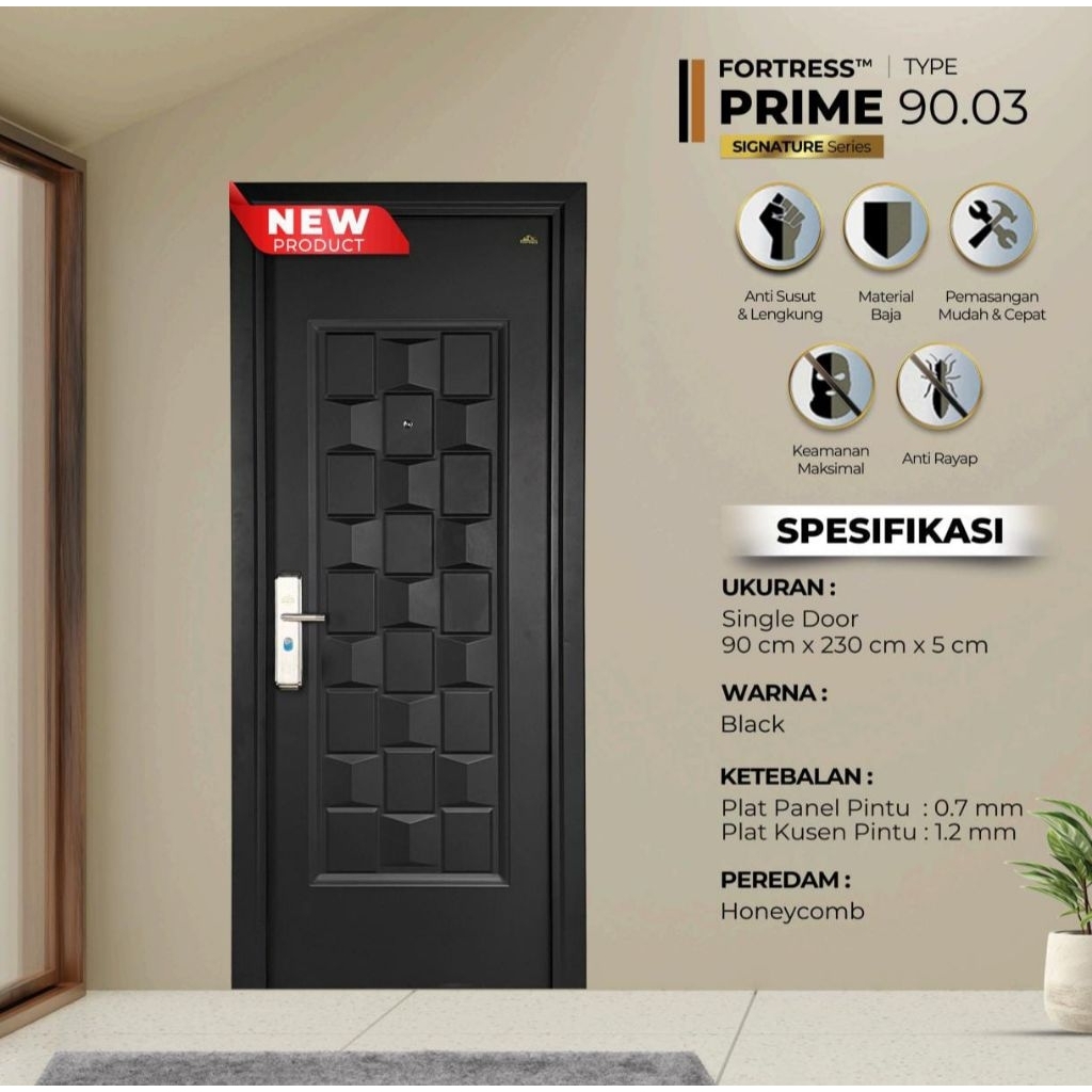 PINTU BAJA FORTRESS PRIME 90.03 HITAM UKURAN 90x230 SINGLE TERBARU