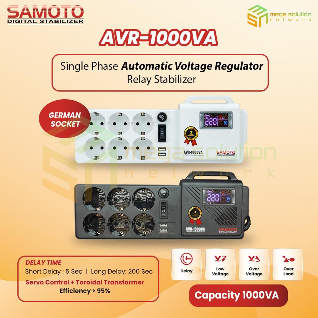 AVR1000 SAMOTO Germany Socket Relay Stabilizer 1000VA AVR Stabiliser Relay Controlled Series - Hitam