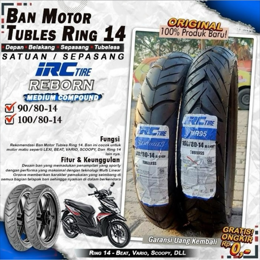 BAN TUBELESS IRC 90/80-14 & 100/80-14
