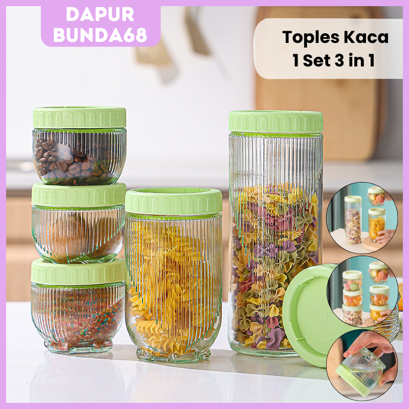 DB68 Toples Kue Lebaran Kaca 1 Set 3in1 / Toples Kaca Gladies Hazel Bening Anti Tumpah 3 pcs / Set S