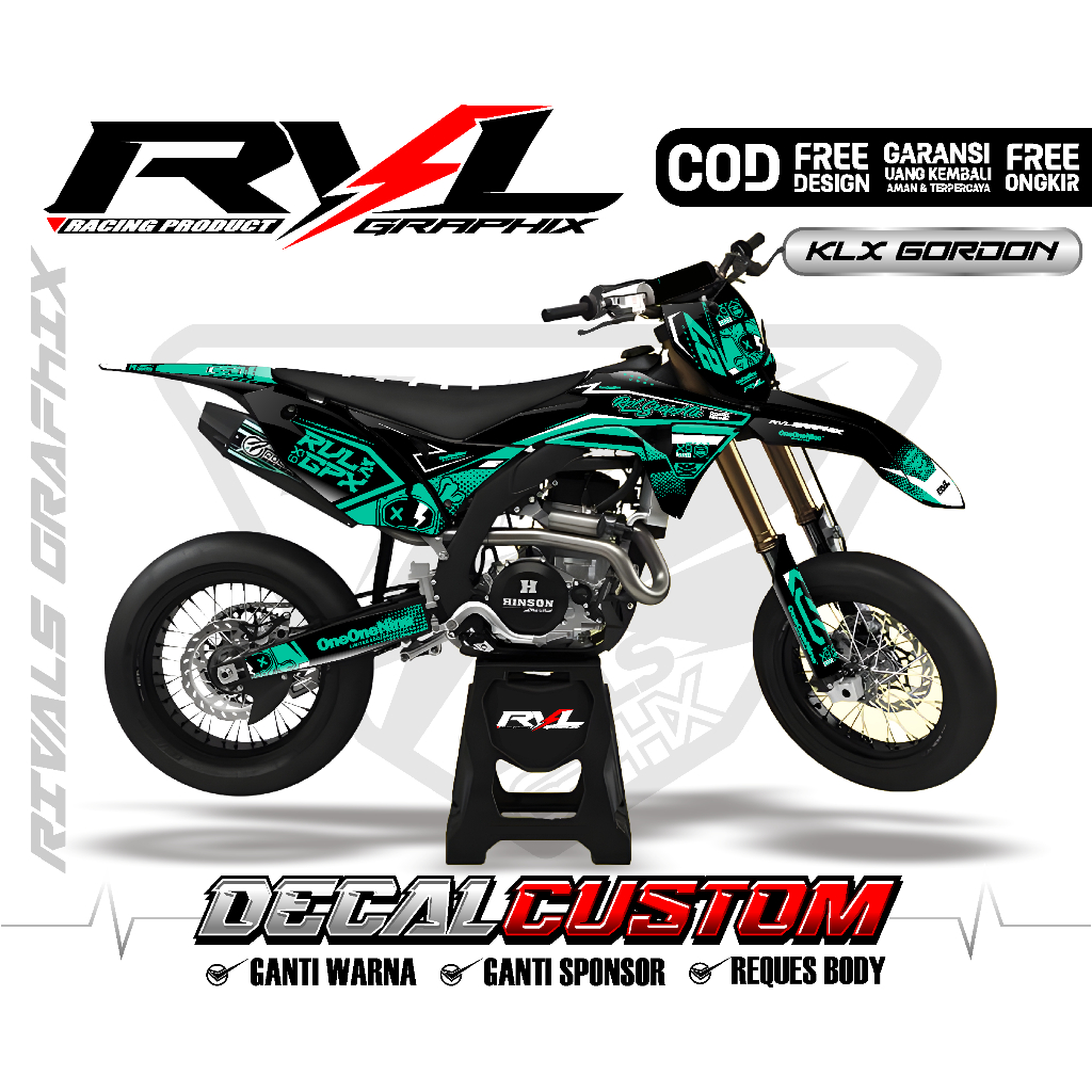 Decal Sticker Klx Gordon 150 full body custom hitam hijau tosca
