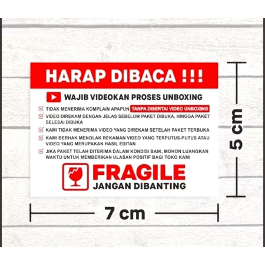 Label Sticker FRAGILE Wajib Video Unboxing Stiker Perhatian Online Shop 70x30 isi 500 pcs