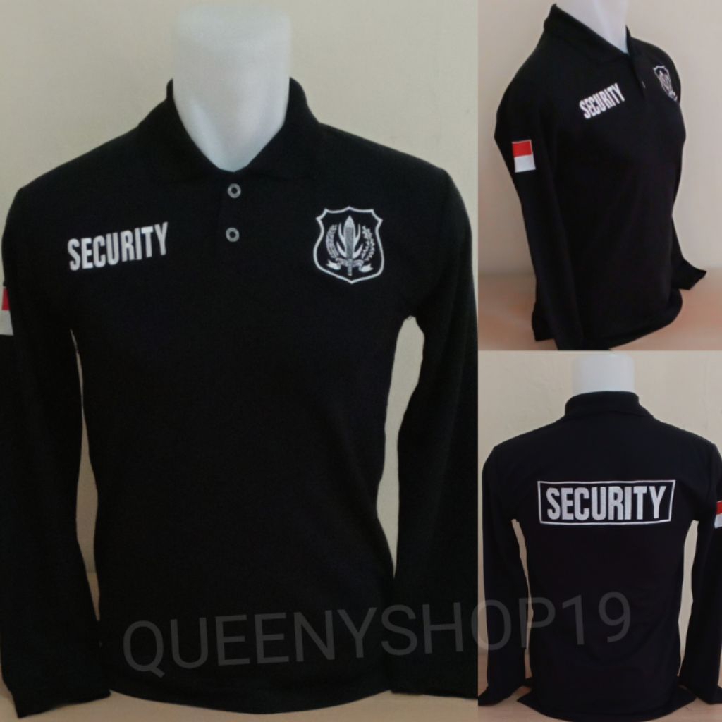 KAOS SECURITY HITAM LOGO PUTIH LENGAN PANJANG FULL BORDIR - KAOS KERAH SECURITY LOGO PUTIH BORDIR - 