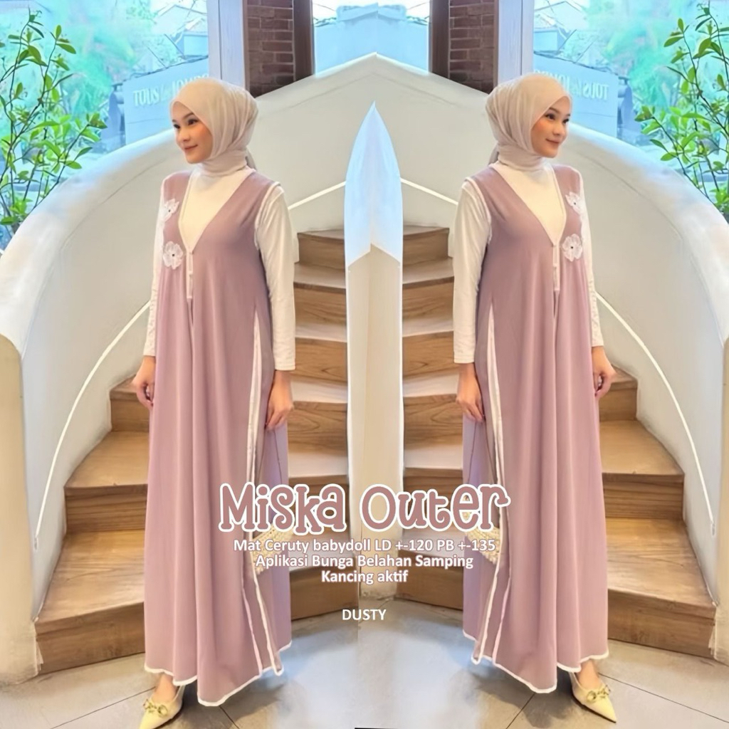 Outer Gamis Tanpa Lengan Miska - Long Vest Muslimah Bahan Ceruty Motif Bunga