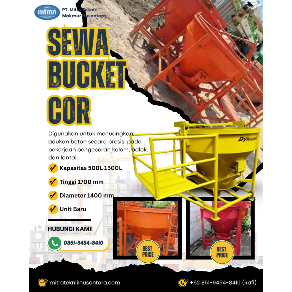 Sewa Bucket Cor dan Mesin Molen Cor Beton Mini  - Aduk Semen Kapasitas 100-1500 Kg