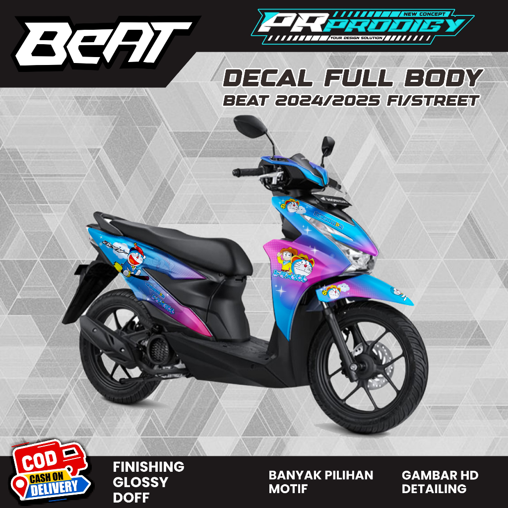 Decal Stiker Motor BEAT ISS, Deluxe, Street Full Body 2024 - 2025 MOTIF DORAEMON