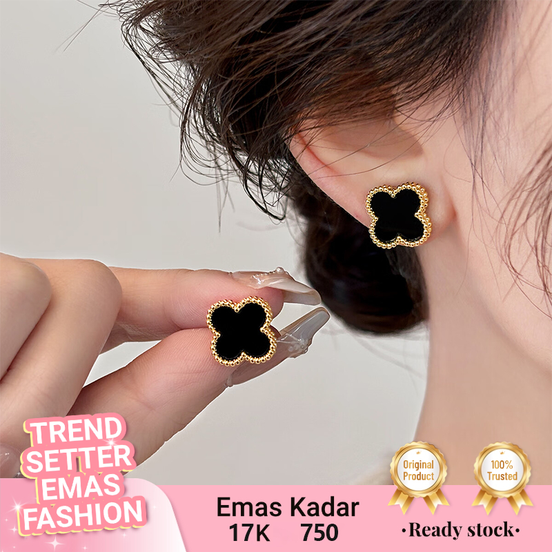 Anting Emas Wanita Black Clover Klasik Sederhana Gold 17K