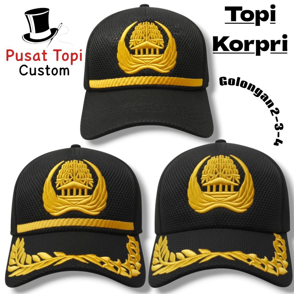 Topi Korpri Hitam Bahan Doublemes Golongan 2/3/4 - Topi Pns Bordir - Topi Dinas Pns Bordir - Topi Ko